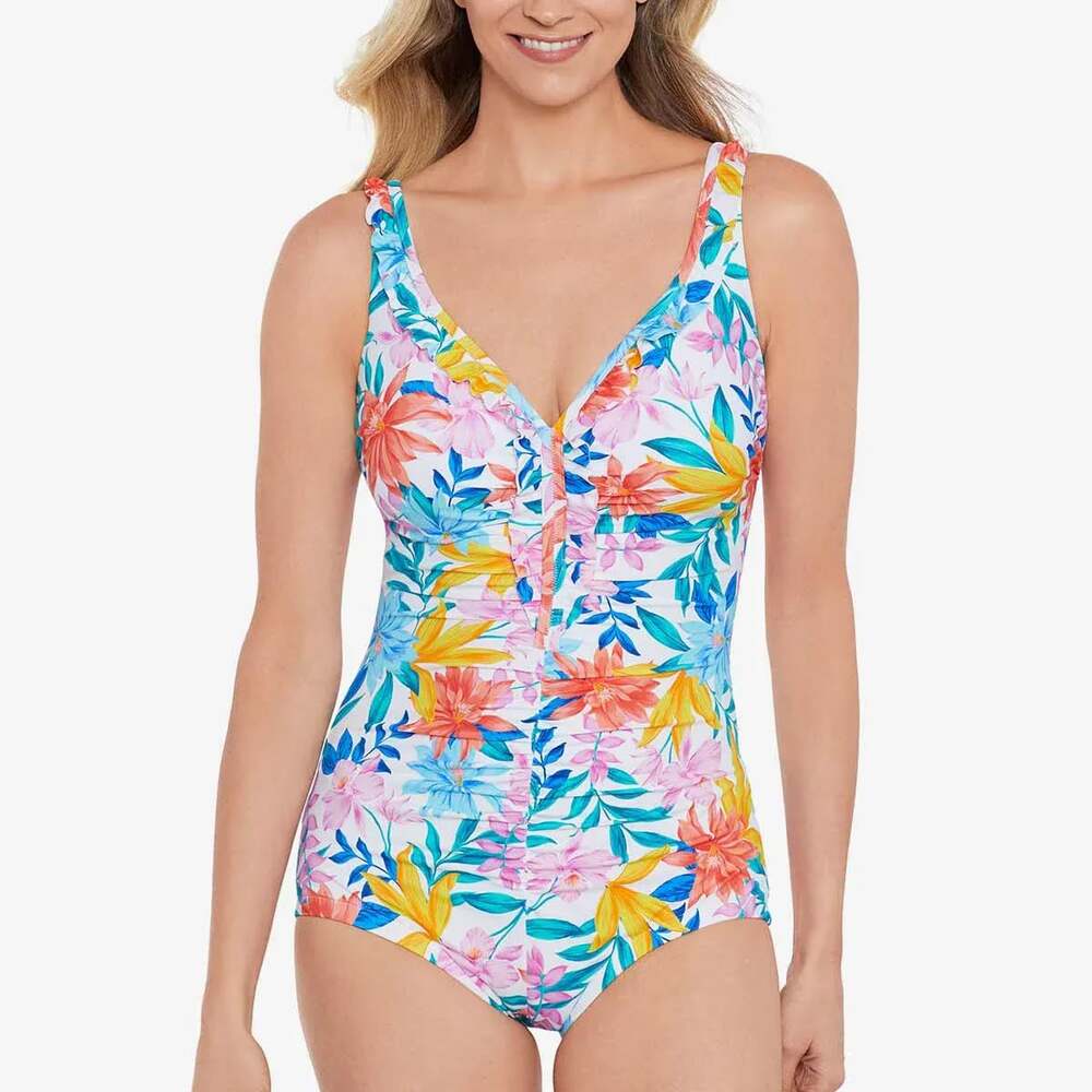Shape Solver by Penbrooke Ruffle 🌸One-Piece Swimsuit in Tropical Print